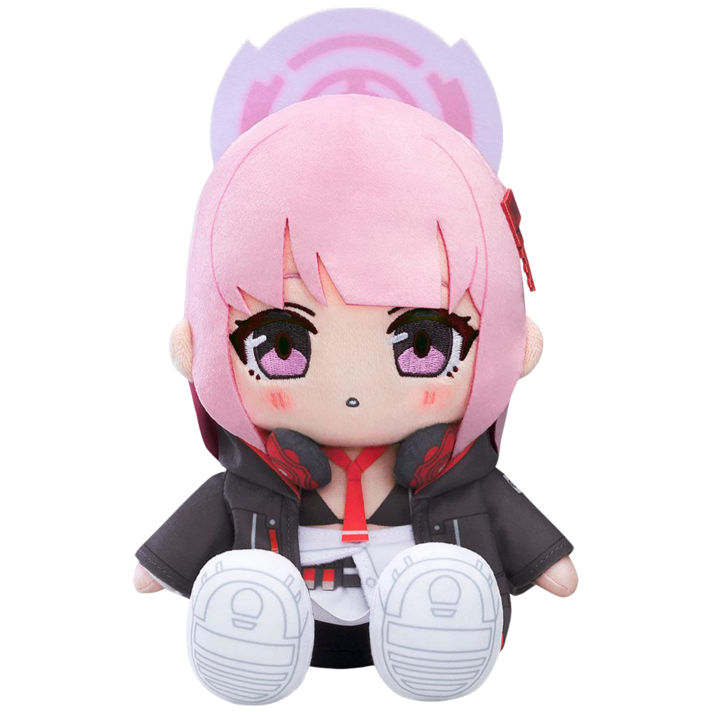 Plush toy of an anime character with pink hair and a black outfit on a white background