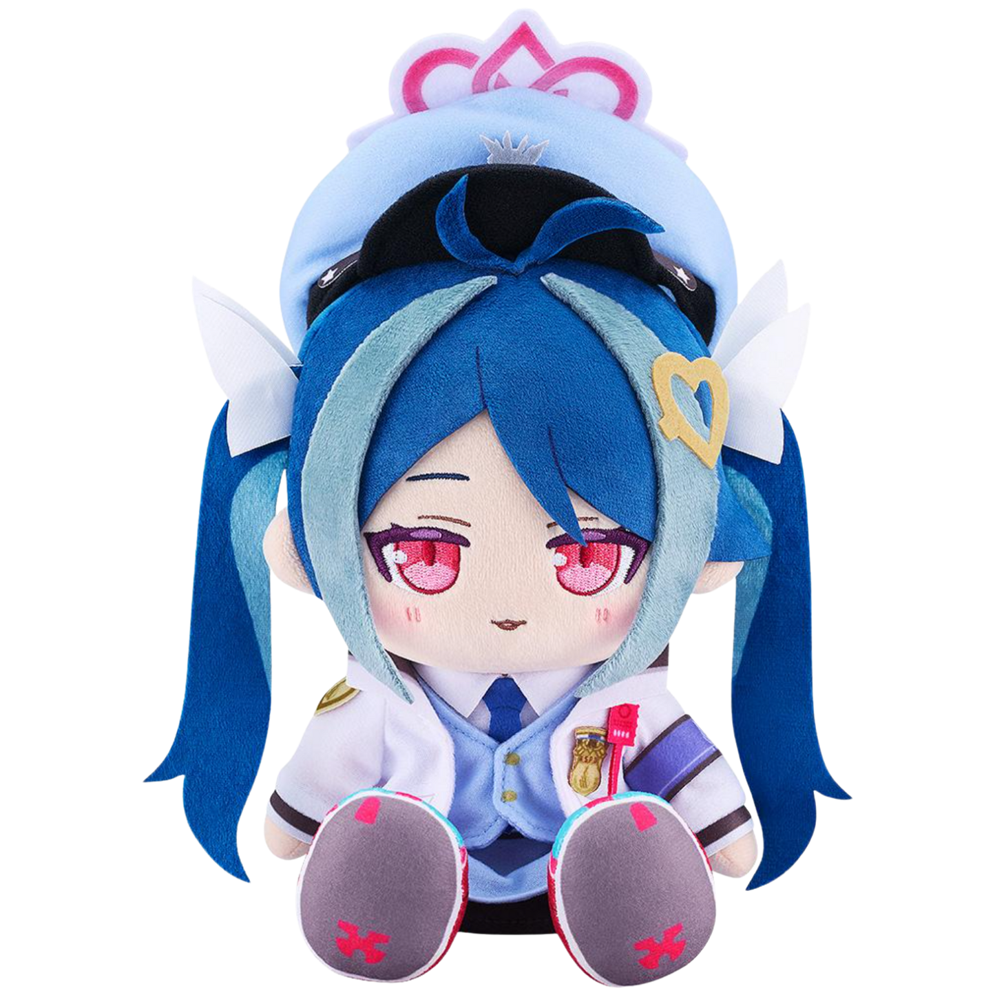 Plush toy of an anime character with blue hair and a white outfit on a white background