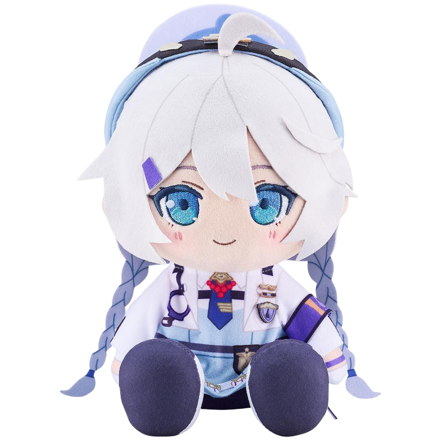 Plush toy of an anime character with white hair and blue eyes on a white background