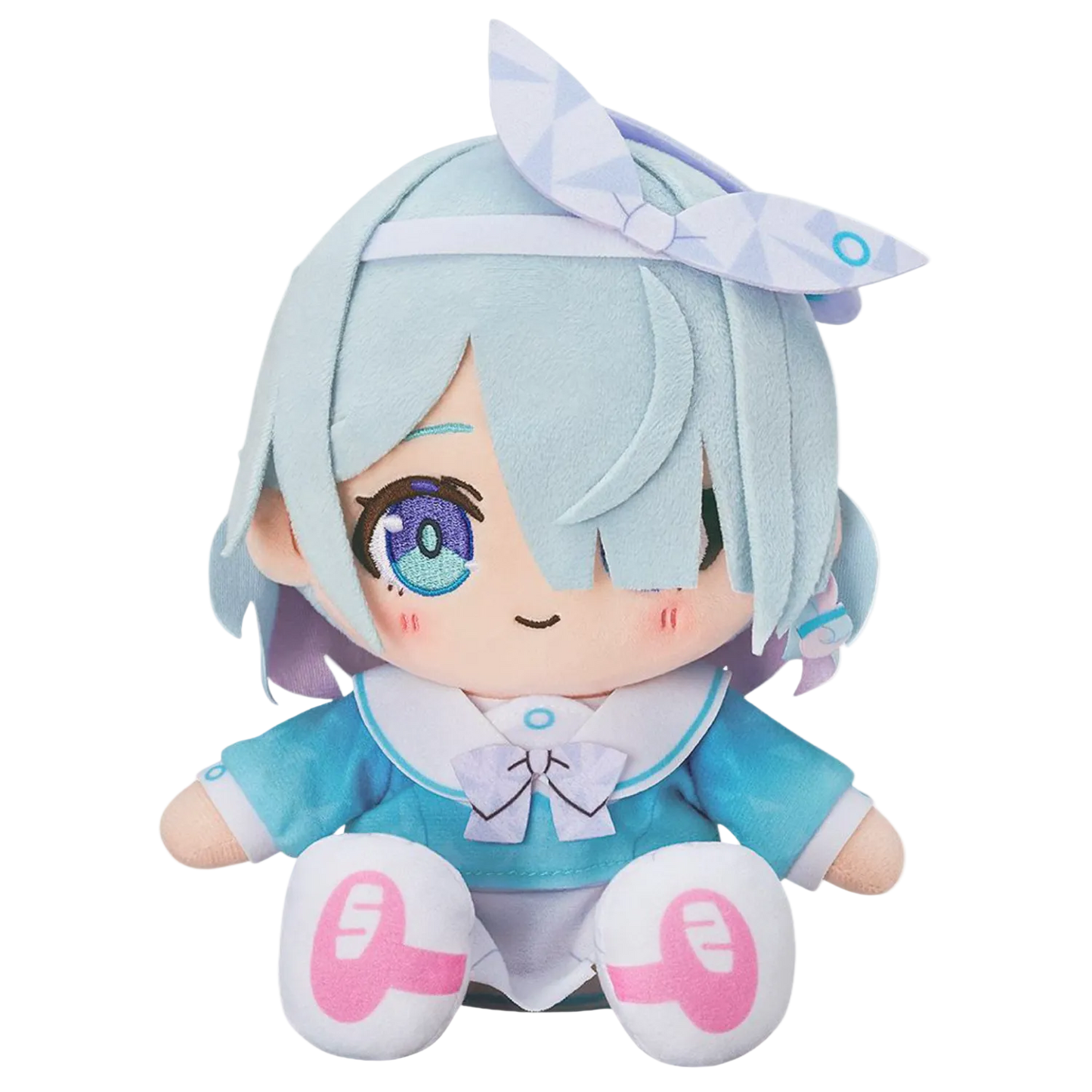 Plush toy of an anime character with light blue hair and a bow on a white background