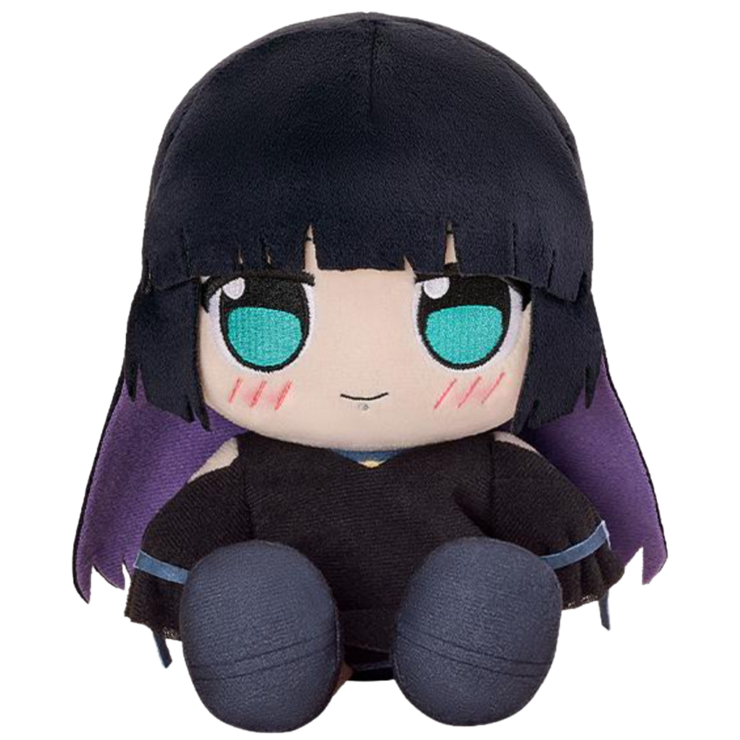Plush toy with black hair and purple outfit on a white background