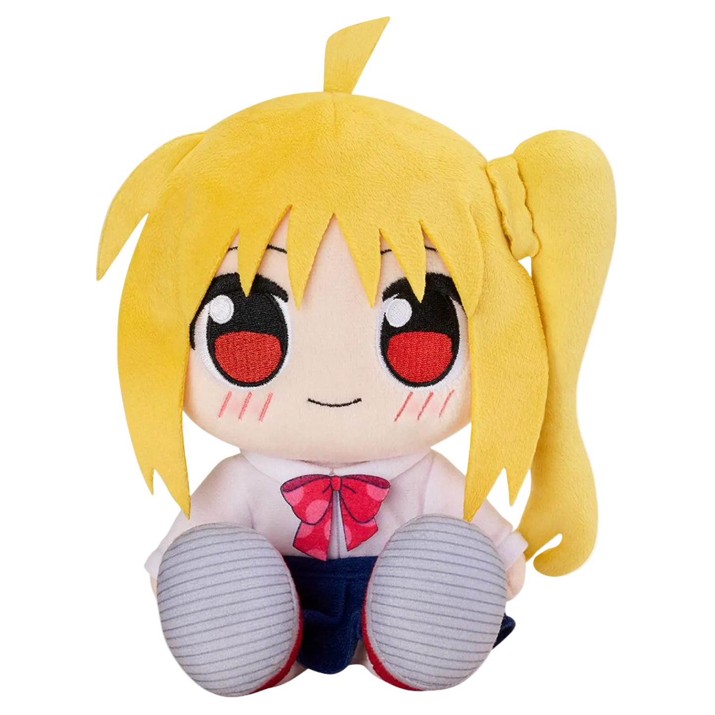 Plush toy with yellow hair and red eyes on a white background