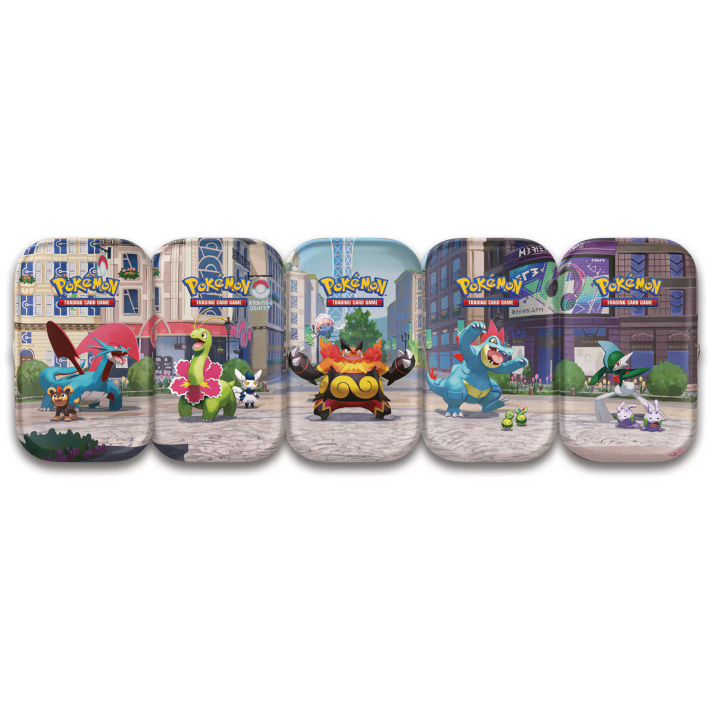 Set of five Pokémon trading card game tins with various characters on a white background