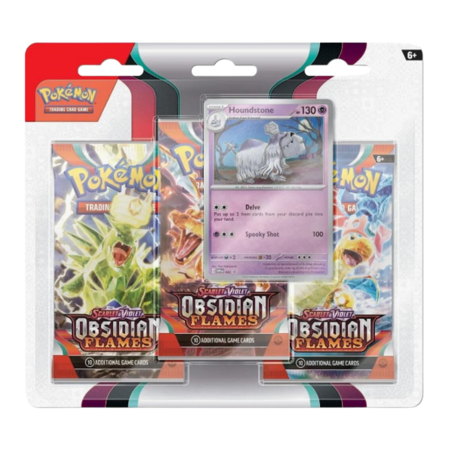 Pokémon trading card game packs with a central card featuring a ghostly dog-like creature.