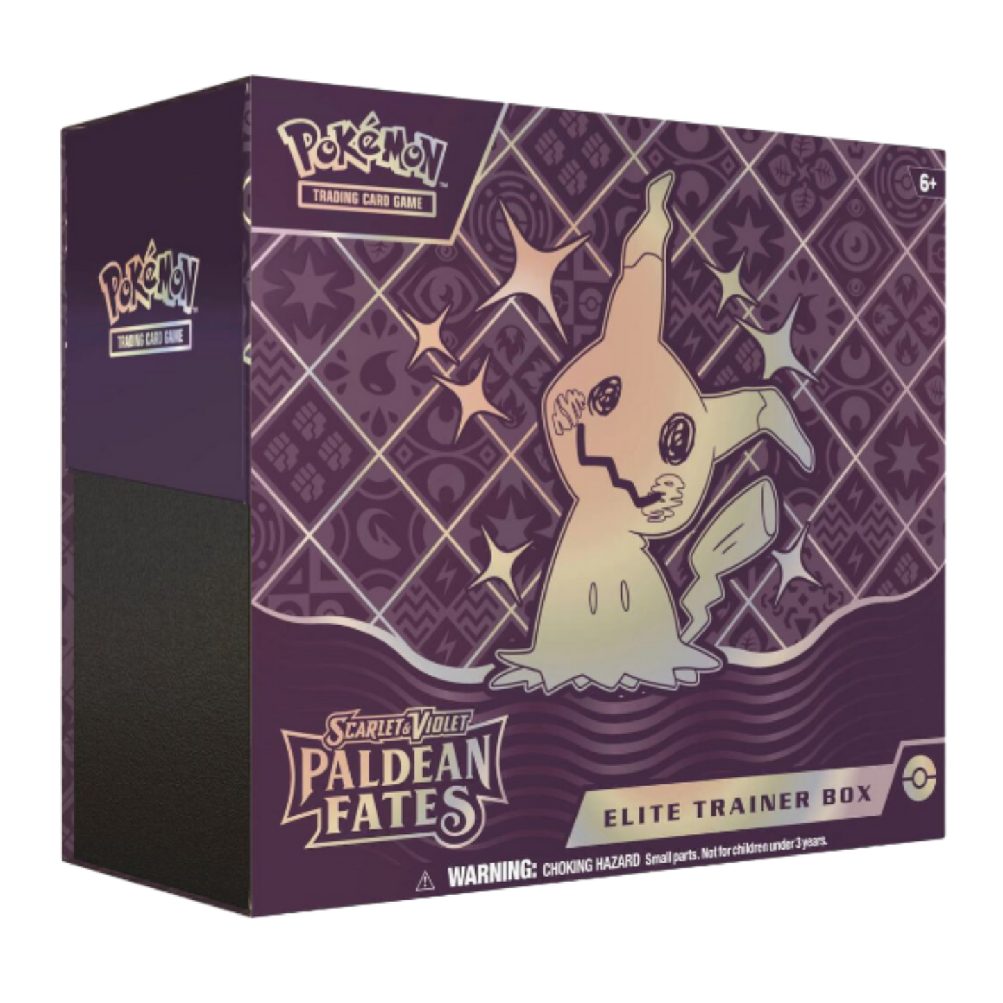 Pokémon trading card game Elite Trainer Box packaging with a ghostly creature illustration on a purple background.