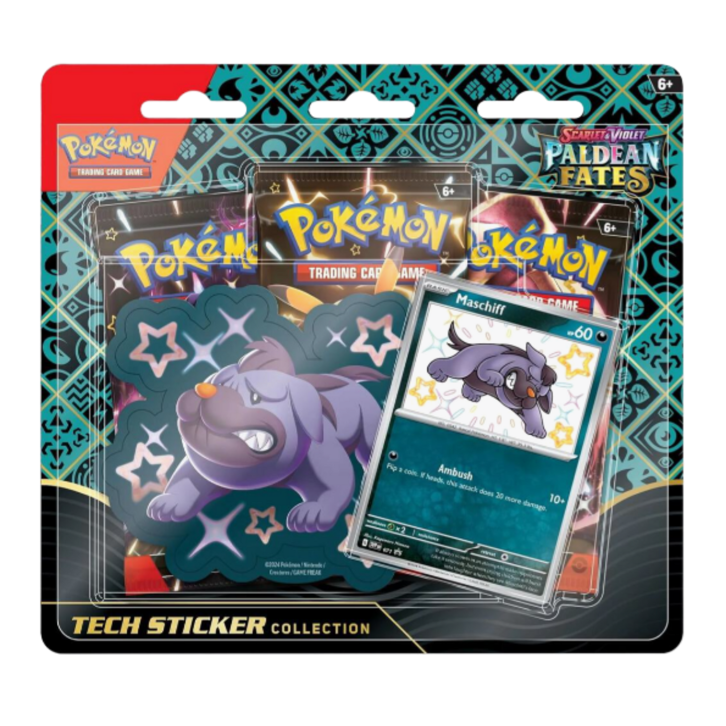 Pokémon trading card game packaging with a card featuring a purple creature.