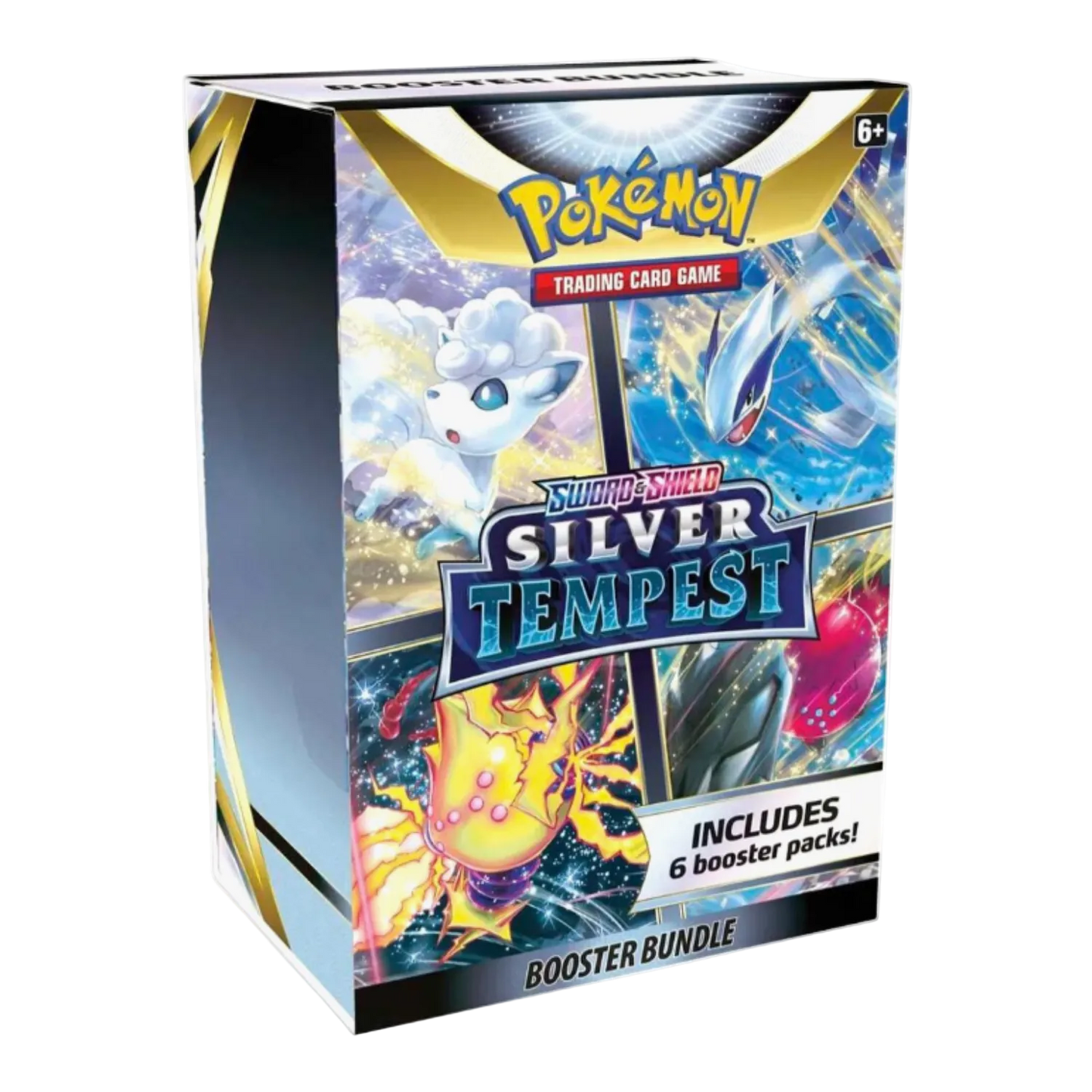 Packaging of the Silver Tempest Booster Bundle for the Pokemon TCG, featuring images of Pokemon characters and the text detailing the product content.