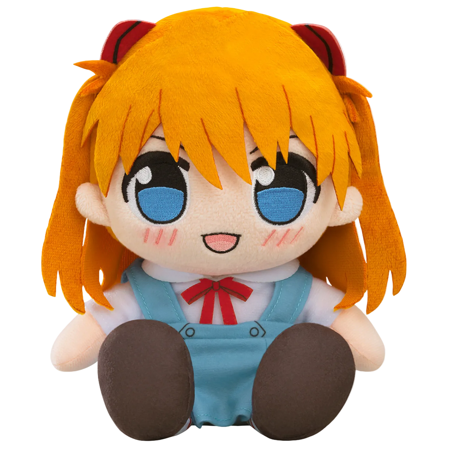 Plush toy of an anime character with orange hair and blue eyes on a white background