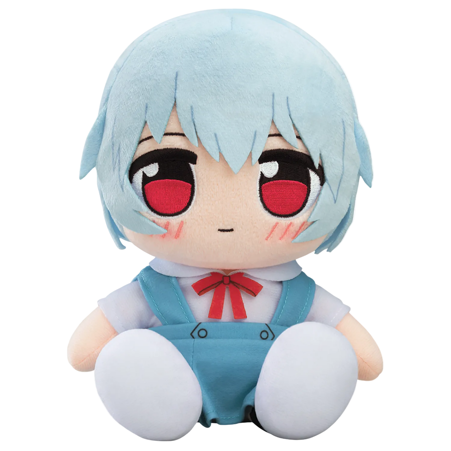 Plush toy of an anime character with light blue hair and red eyes on a white background