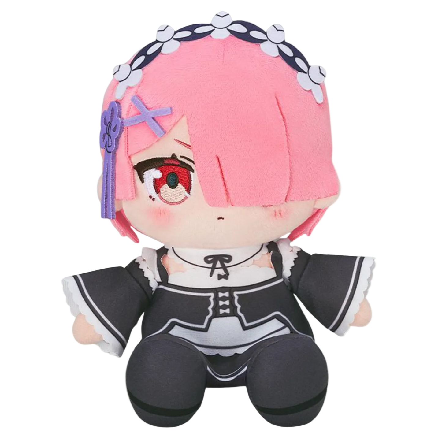 Plush toy with pink hair and black outfit on a white background