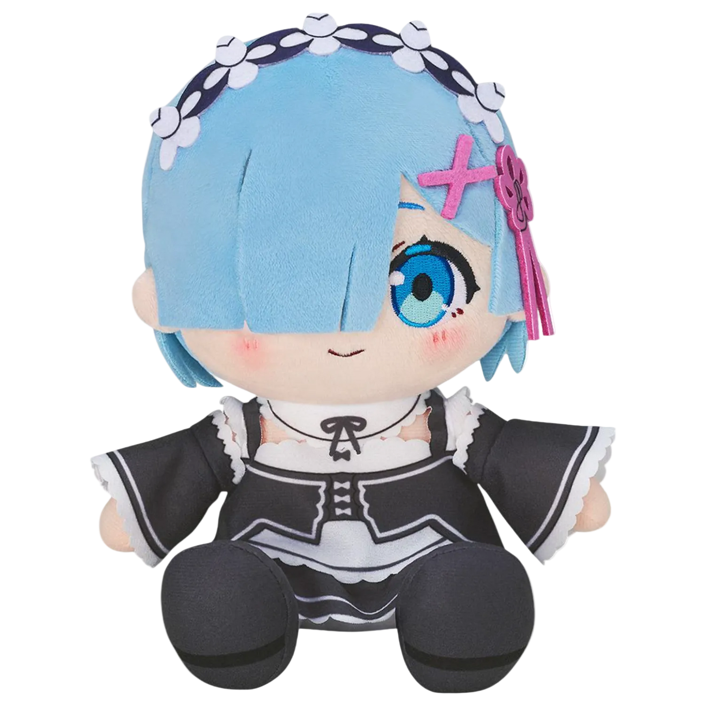 Plush toy with blue hair and black outfit on a white background