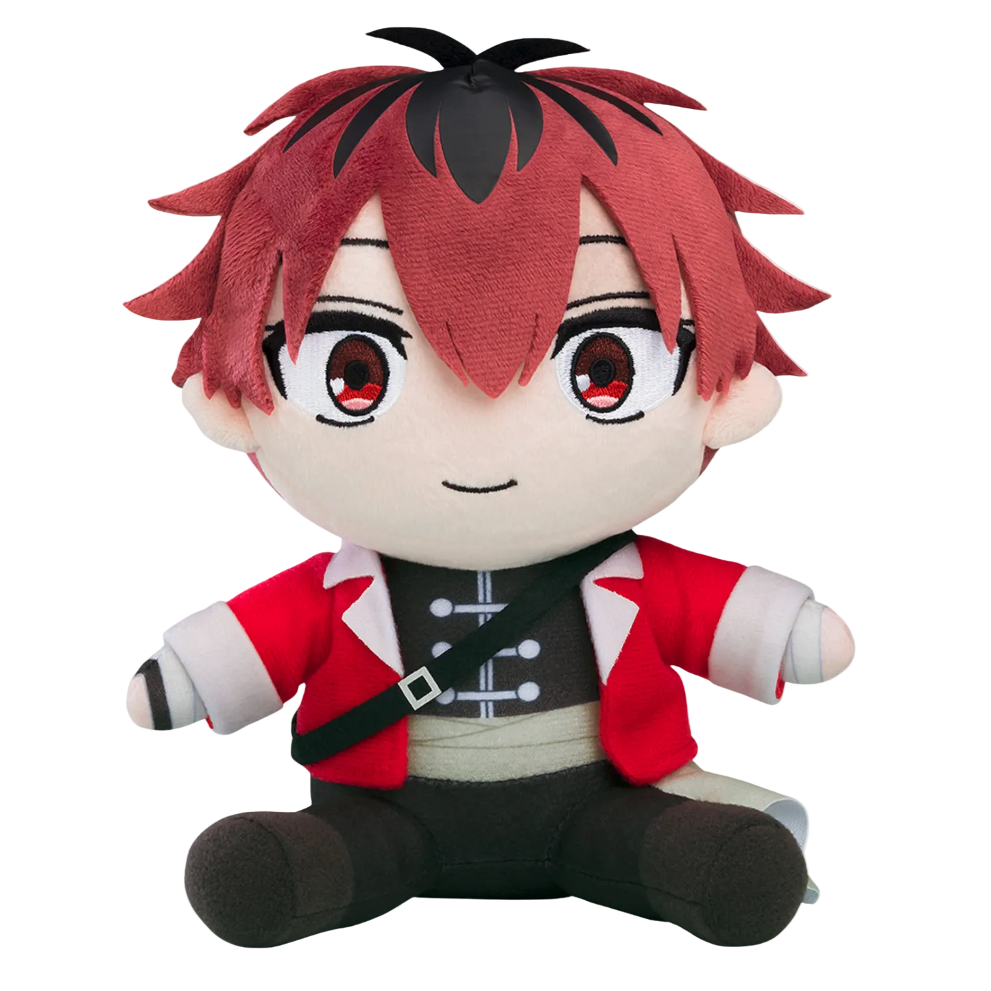 Plush toy of an anime character with red hair and a red jacket on a white background