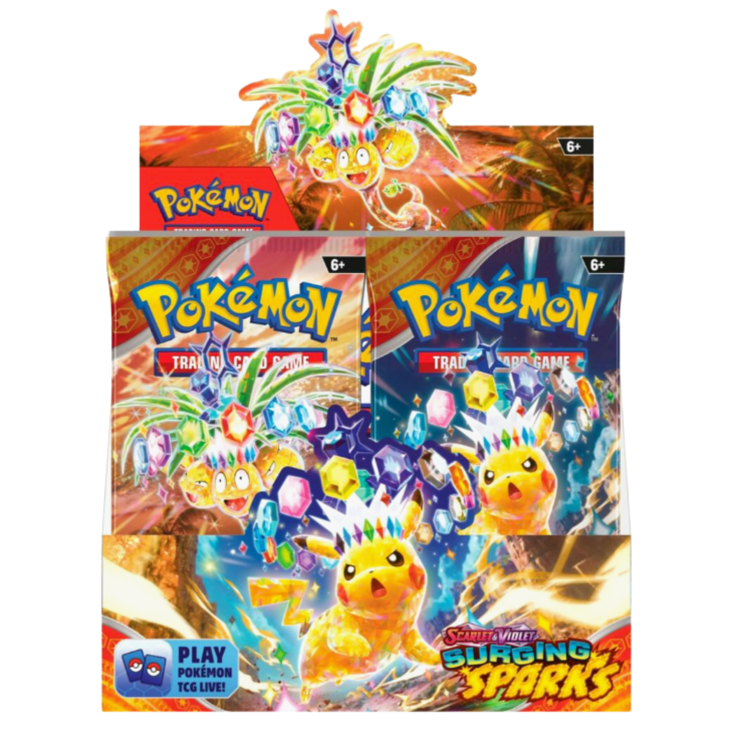 Pokémon trading card game packs with colorful designs and Pokémon characters on a white background.