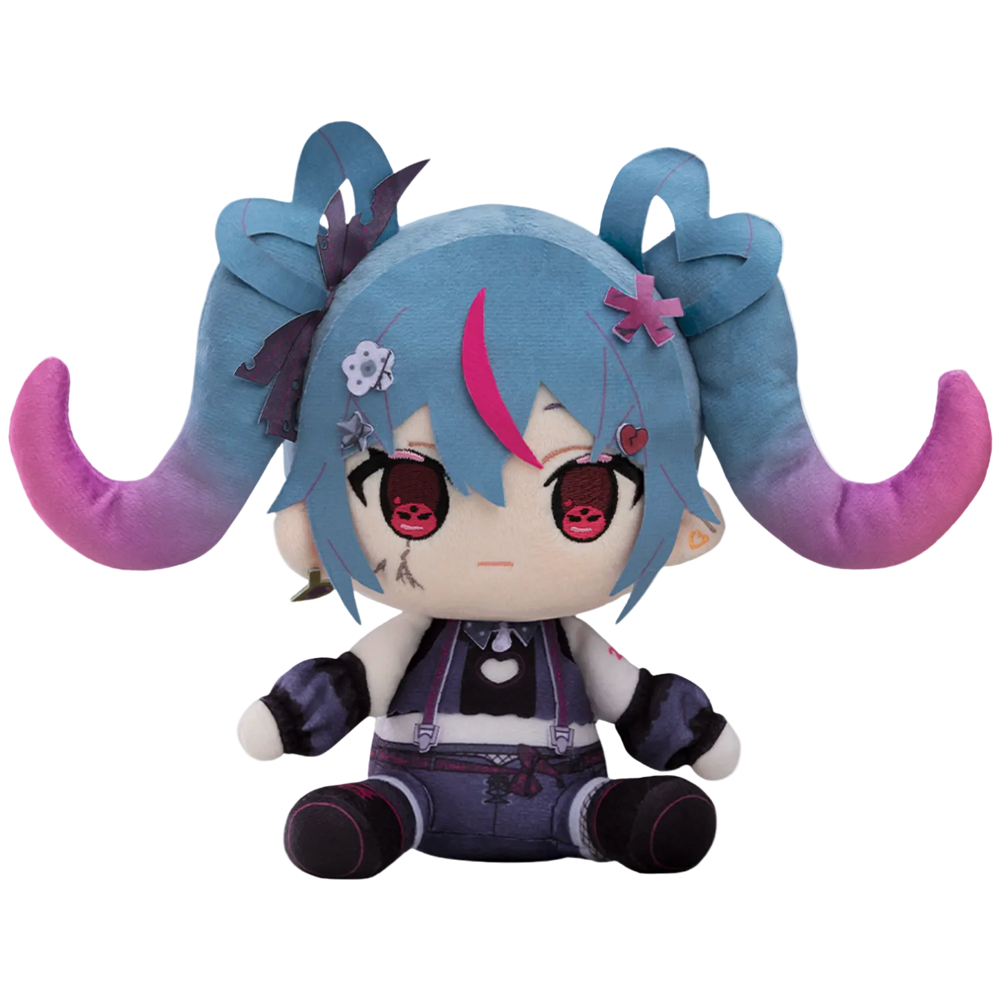 Plush toy with blue hair and pink horns on a white background