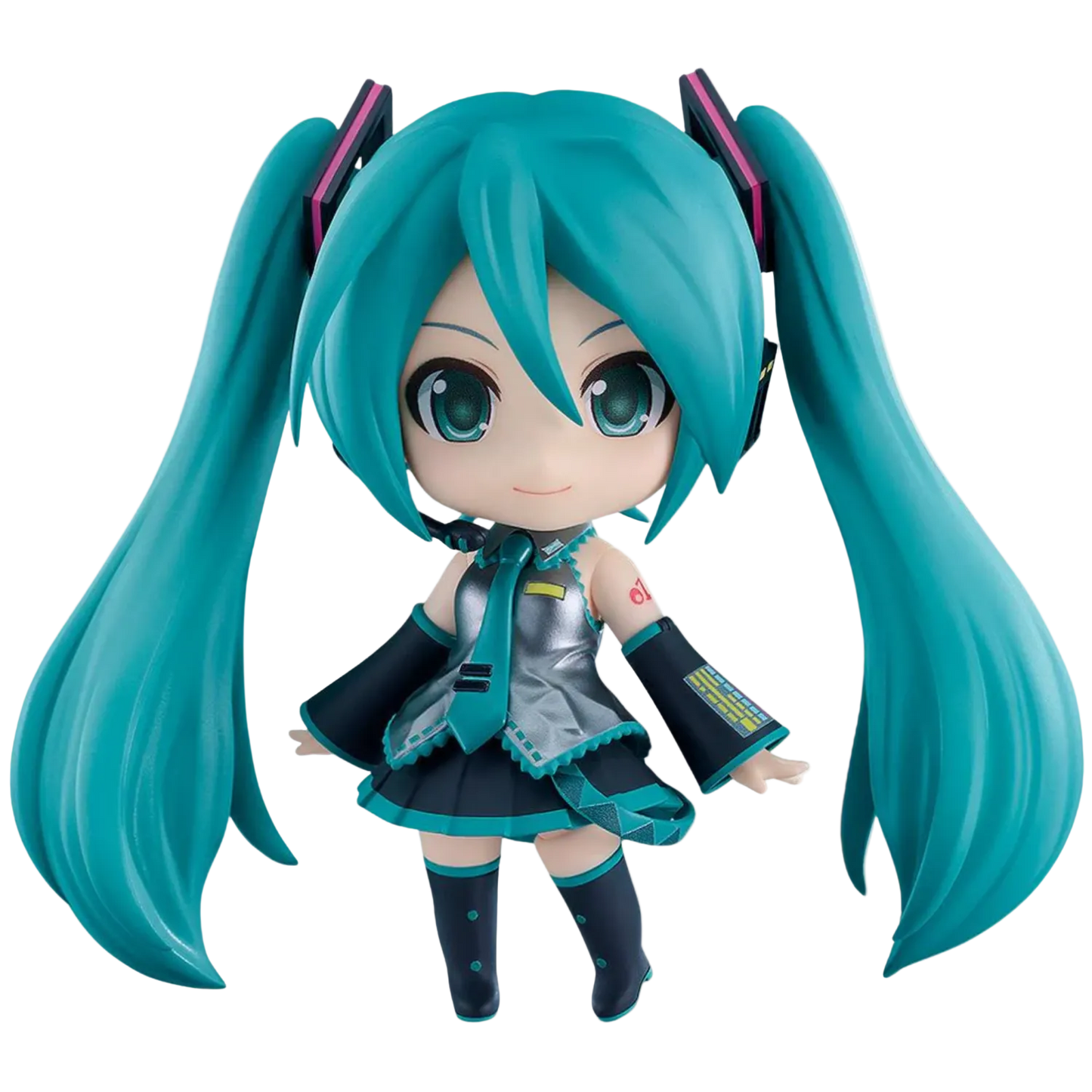 Anime character figurine with turquoise hair and outfit on a white background