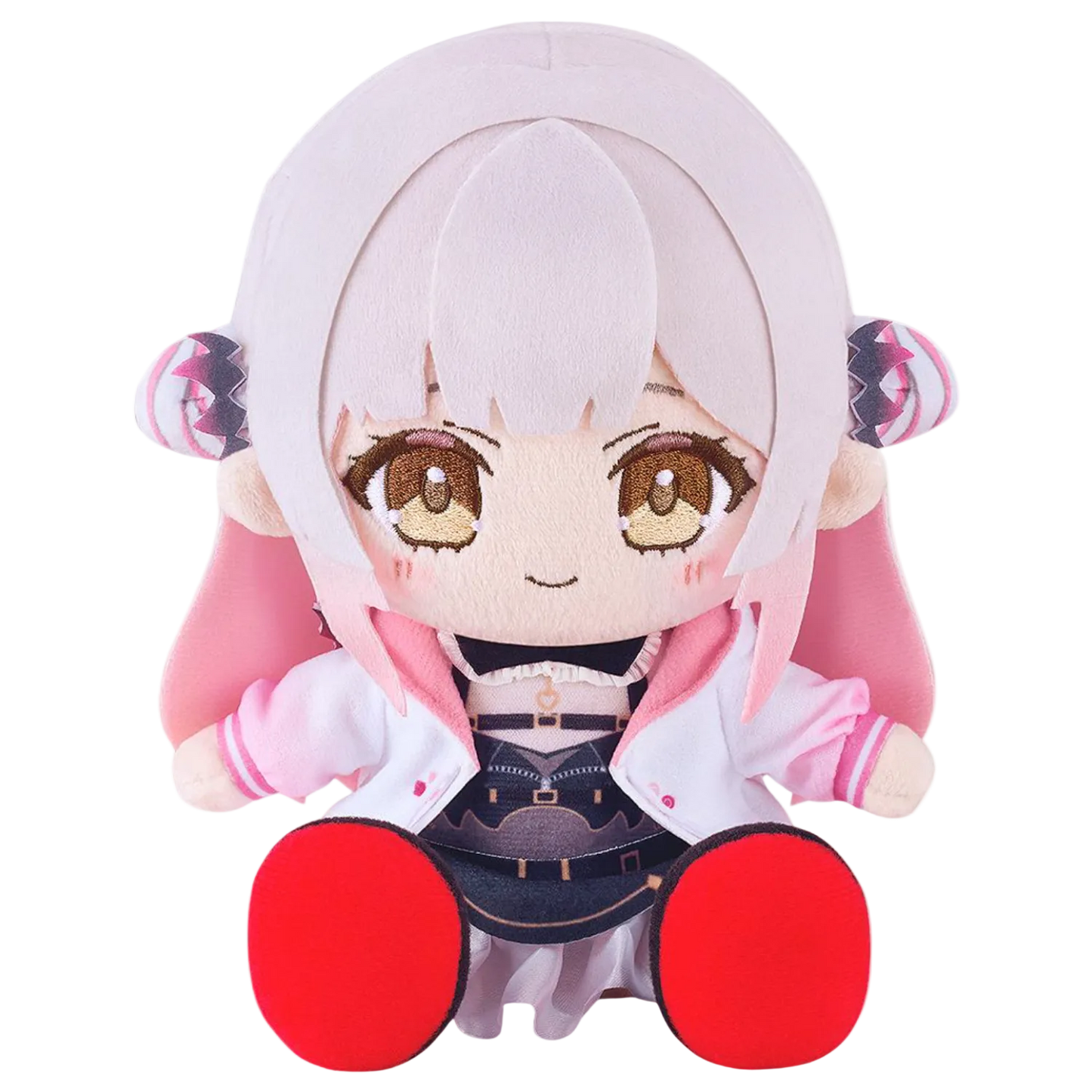 Plush toy of an anime character with white hair and red shoes on a white background