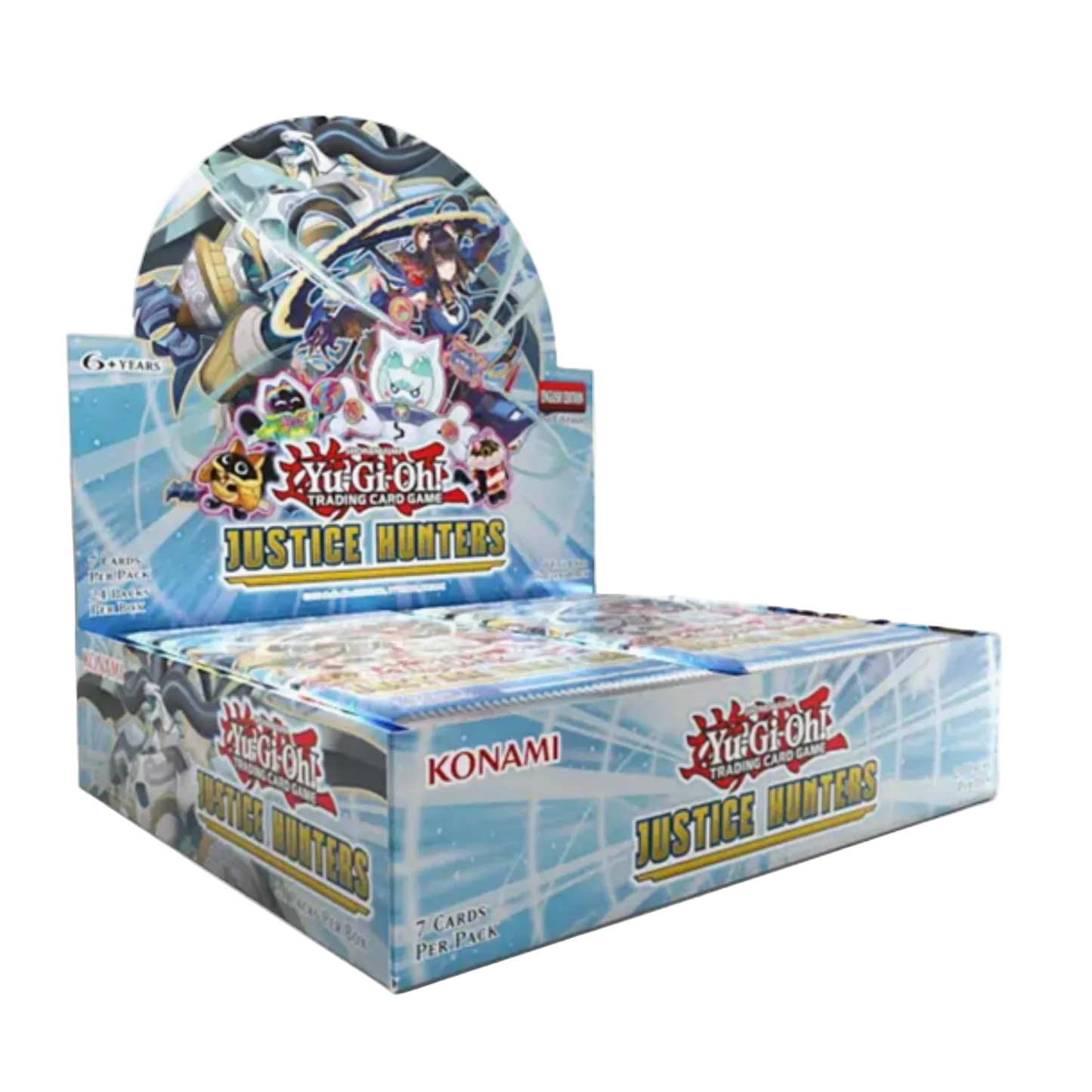 Yugioh Justice Hunters trading card game box with Konami branding on a white background