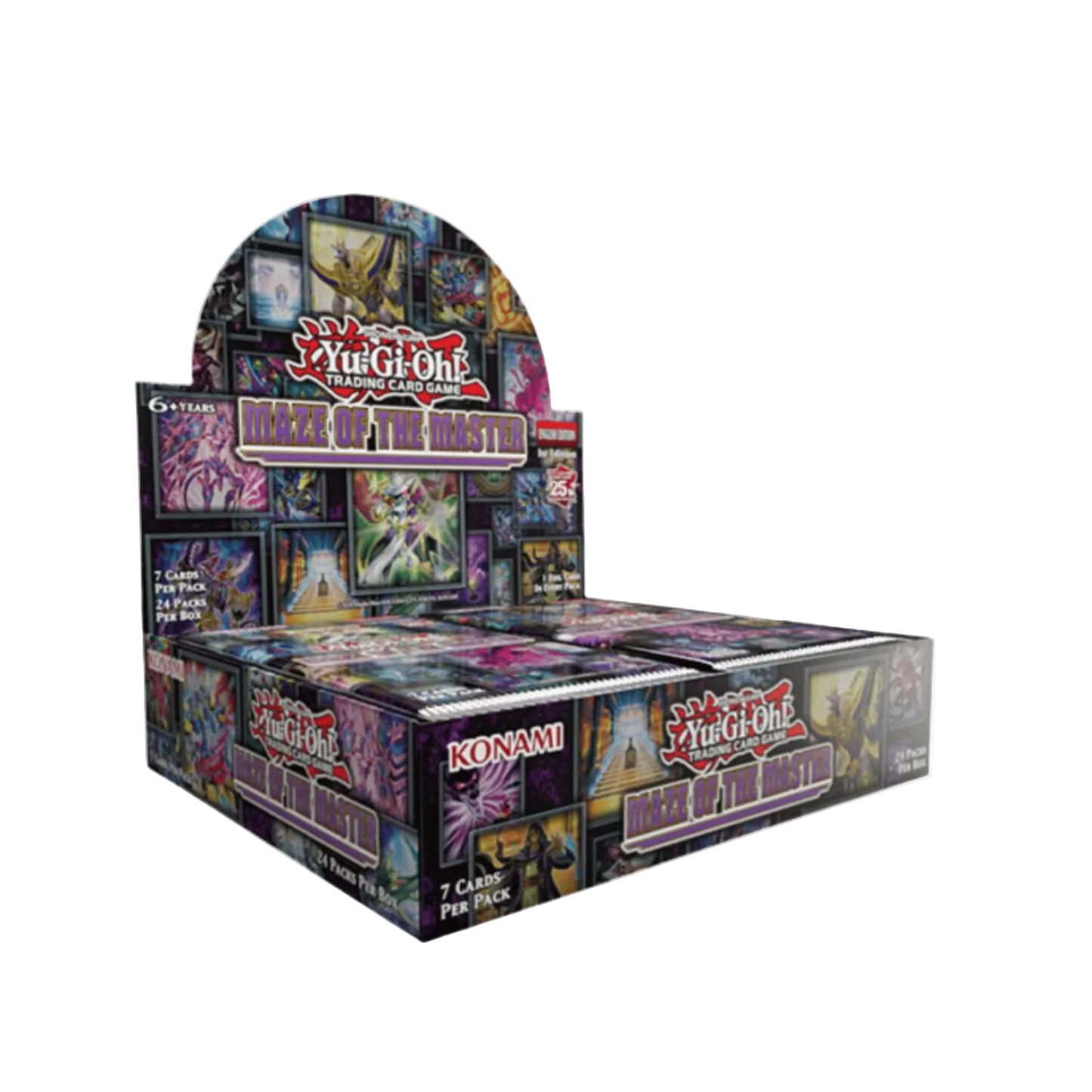 Display box of Yu-Gi-Oh! trading card game packs with multiple card images on a white background.