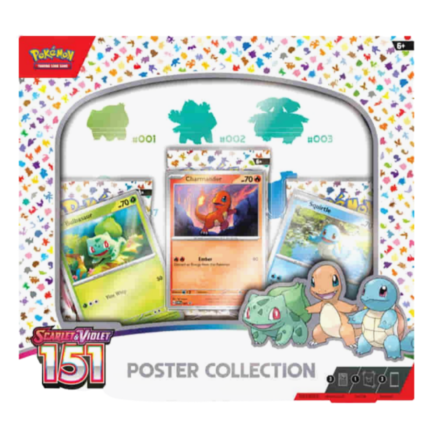 Pokémon trading card game poster collection with cards and character illustrations on a colorful Pokémon-themed background.