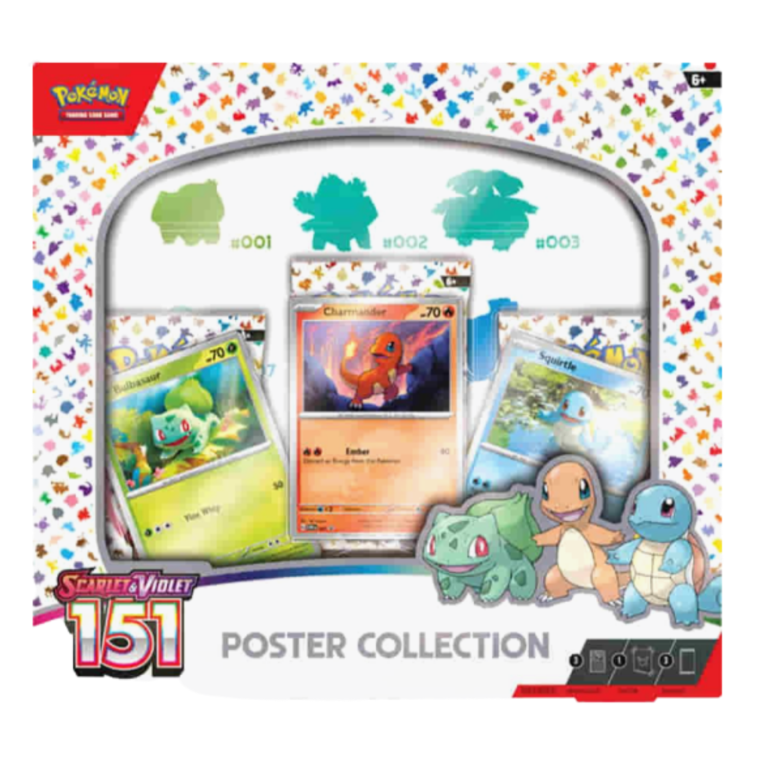 Pokémon trading card game poster collection with cards and character illustrations on a colorful Pokémon-themed background.