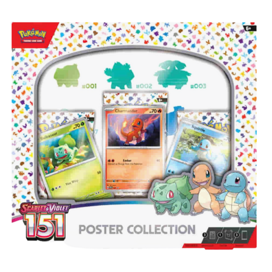 Pokémon trading card game poster collection with cards and character illustrations on a colorful Pokémon-themed background.