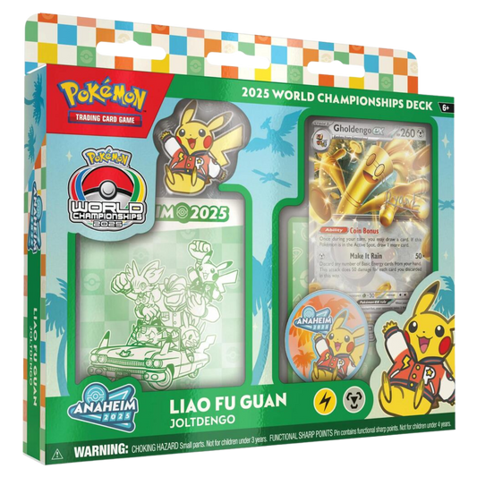 Pokémon trading card game packaging with cards and charms on a colorful background