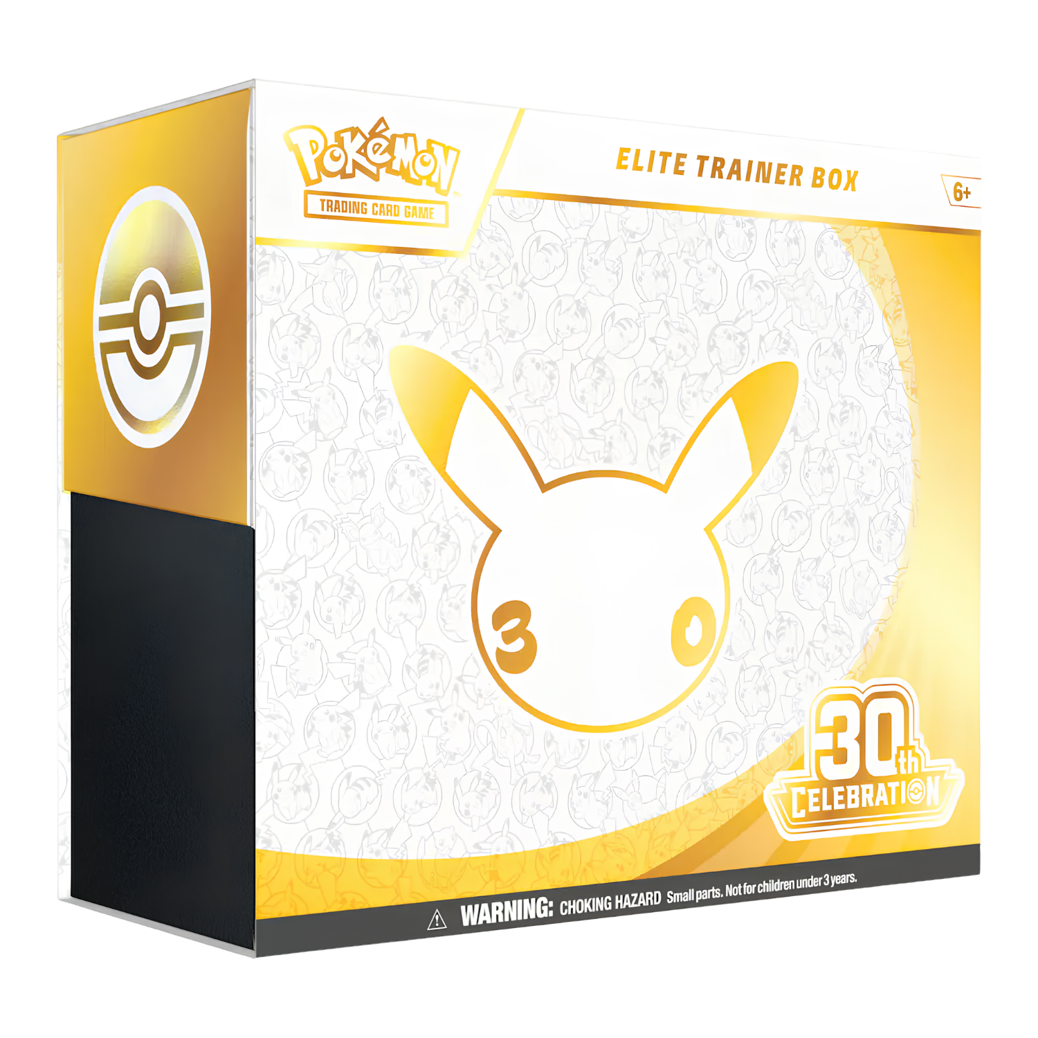 Pokémon Elite Trainer Box 30th Celebration edition trading card box packaging, featuring a white and gold Pikachu design with a black side panel and Pokémon branding.