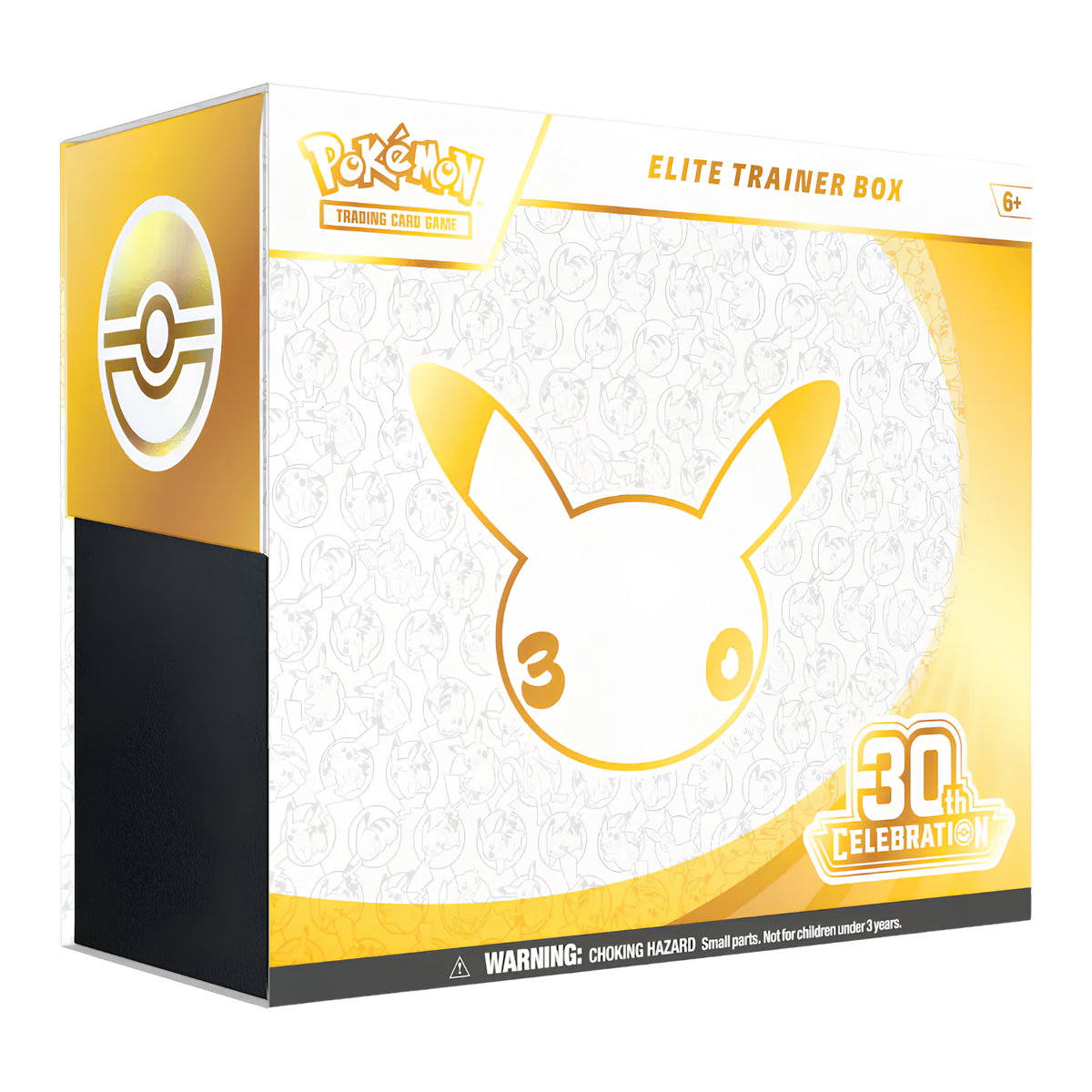 Pokémon Elite Trainer Box 30th Celebration edition trading card box packaging, featuring a white and gold Pikachu design with a black side panel and Pokémon branding.