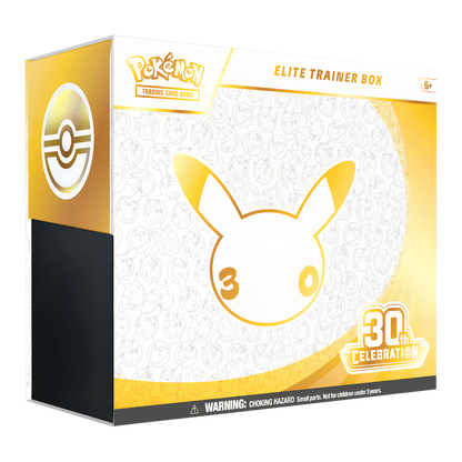 Pokémon Elite Trainer Box 30th Celebration edition trading card box packaging, featuring a white and gold Pikachu design with a black side panel and Pokémon branding.
