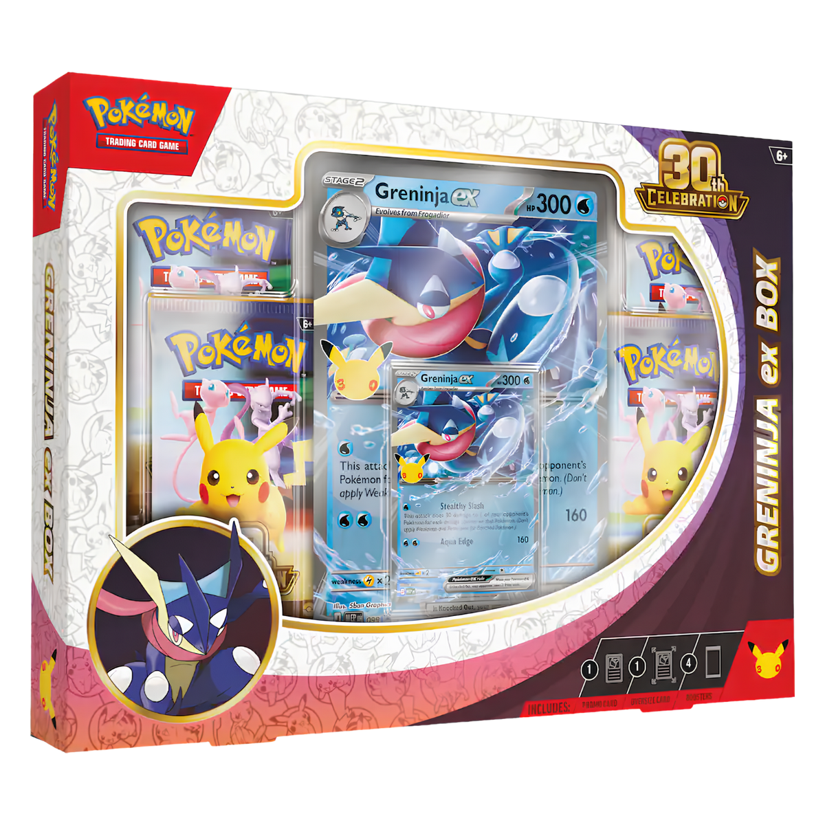 Pokémon Trading Card Game Greninja ex Box 30th Celebration edition box set, featuring a Gengar card, card sleeve, and booster pack visible through the clear front window.
