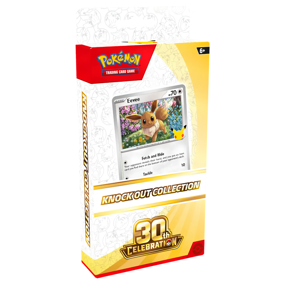 Pokémon Trading Card Game Knockout Collection 30th Celebration box set, featuring a white and gold design with a red Pokémon logo and an illustration of an Eevee card on the front.