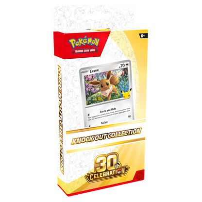 Pokémon Trading Card Game Knockout Collection 30th Celebration box set, featuring a white and gold design with a red Pokémon logo and an illustration of an Eevee card on the front.