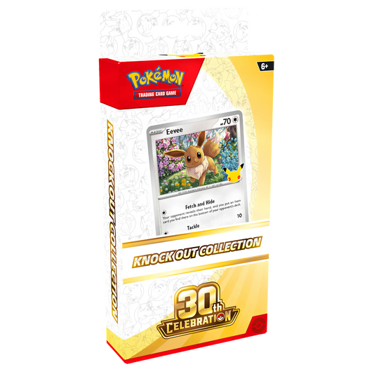 Pokémon Trading Card Game Knockout Collection 30th Celebration box set, featuring a white and gold design with a red Pokémon logo and an illustration of an Eevee card on the front.