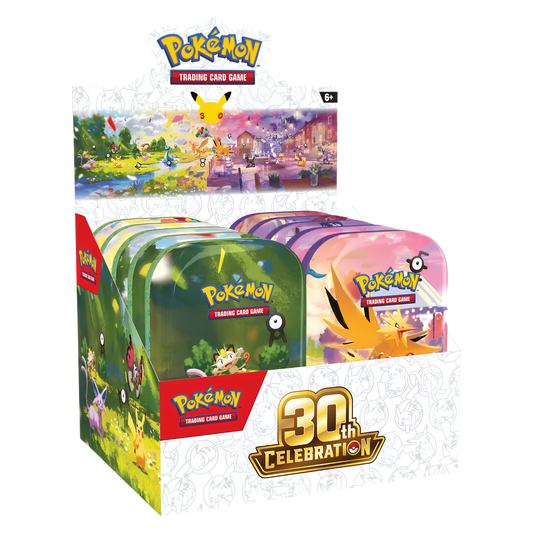 Pokémon Trading Card Game 30th Celebration display box with multiple sealed booster packs visible inside, shown on a plain white background.