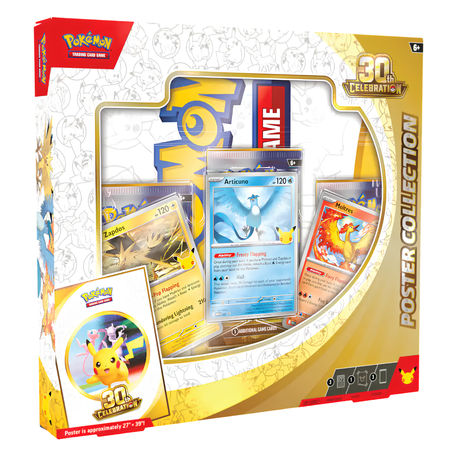 Pokémon 30th Anniversary Poster Collection box set, featuring a gold and white packaging design with a clear window displaying various Pokémon trading card posters.
