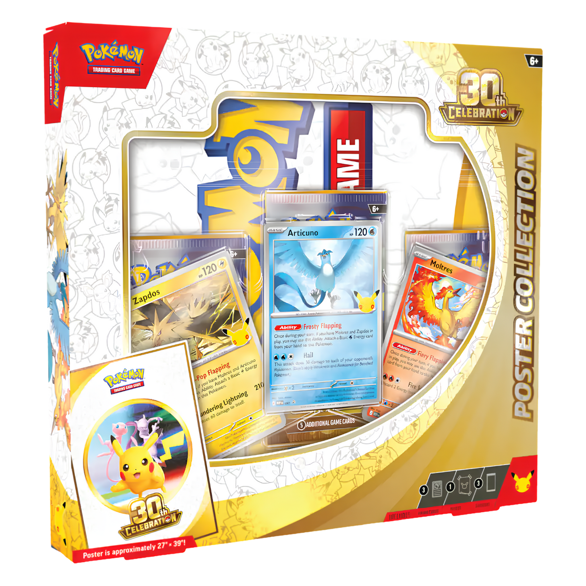 Pokémon 30th Anniversary Poster Collection box set, featuring a gold and white packaging design with a clear window displaying various Pokémon trading card posters.