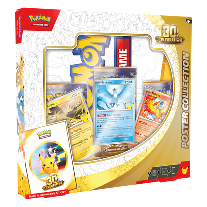 Pokémon 30th Anniversary Poster Collection box set, featuring a gold and white packaging design with a clear window displaying various Pokémon trading card posters.