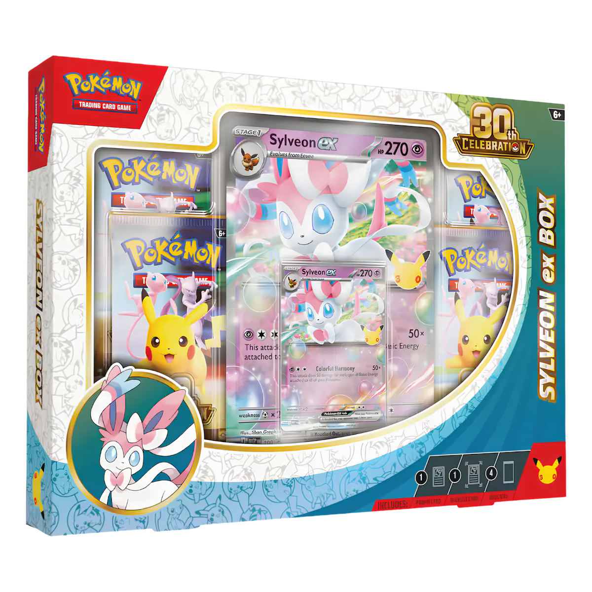 Pokémon Trading Card Game Sylveon ex Box set packaging, featuring a large Sylveon GX card and several Sylveon booster packs visible through a clear window on the front of the box.