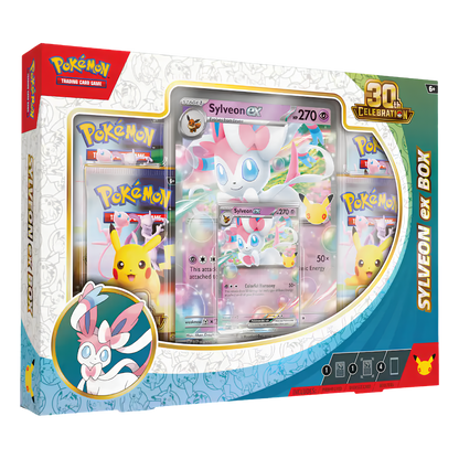 Pokémon Trading Card Game Sylveon ex Box set packaging, featuring a large Sylveon GX card and several Sylveon booster packs visible through a clear window on the front of the box.