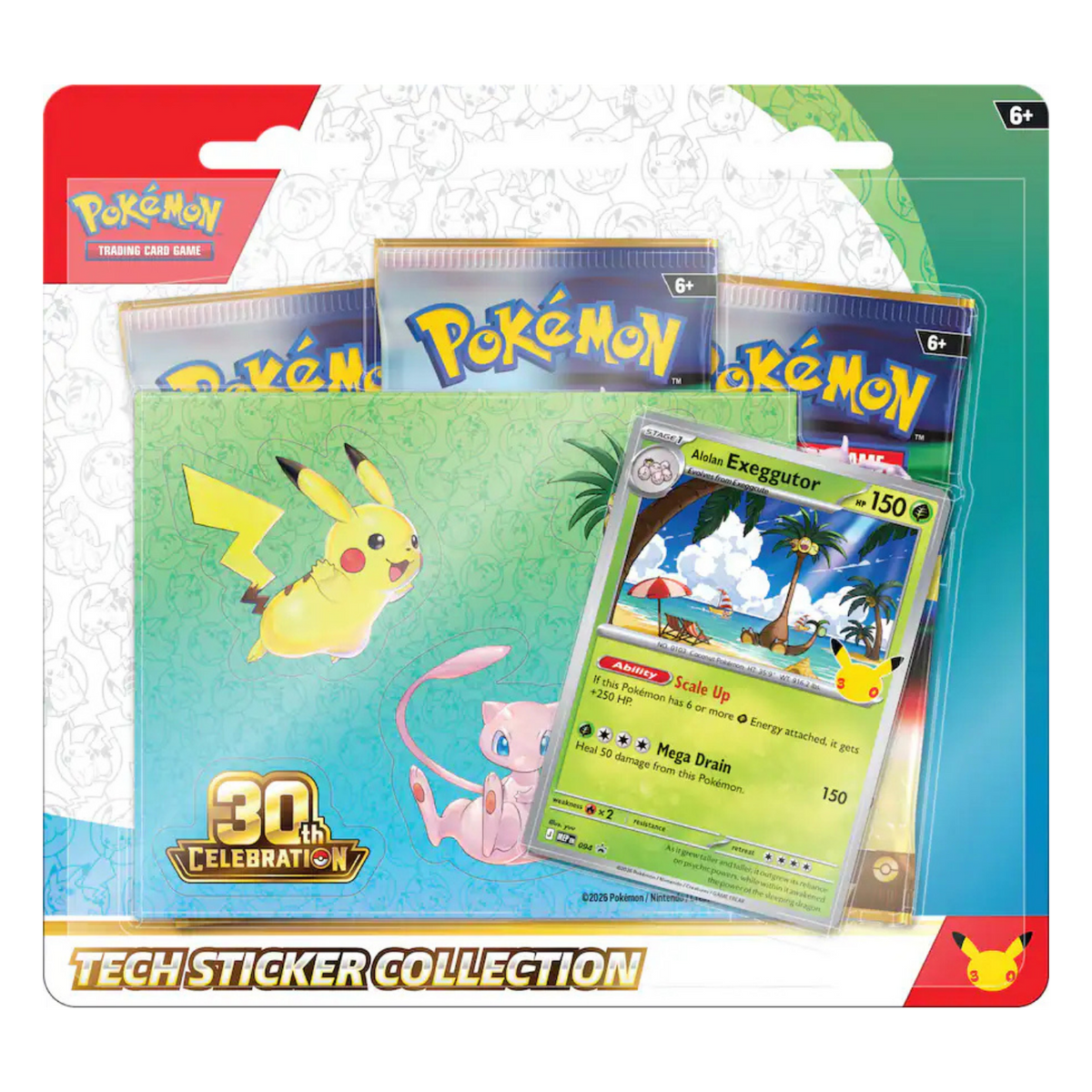 Pokémon Trading Card Game 30th Anniversary Tech Sticker Collection card pack, featuring Pikachu and Mew on the sleeve with a visible Exeggutor sticker card, in retail blister packaging.
