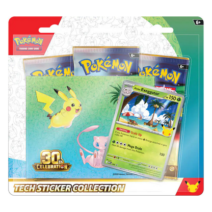 Pokémon Trading Card Game 30th Anniversary Tech Sticker Collection card pack, featuring Pikachu and Mew on the sleeve with a visible Exeggutor sticker card, in retail blister packaging.