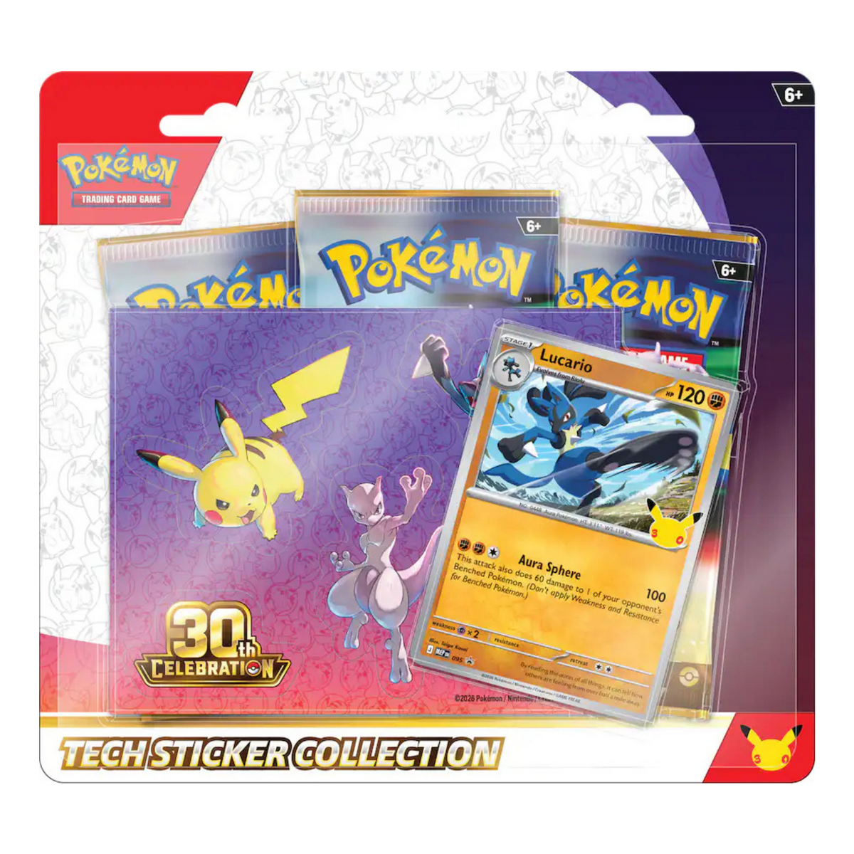 Pokémon Trading Card Game Tech Sticker Collection blister pack containing a purple 30th Celebration sticker pack, two Lucario booster packs, and a Lucario holographic card, in retail packaging.