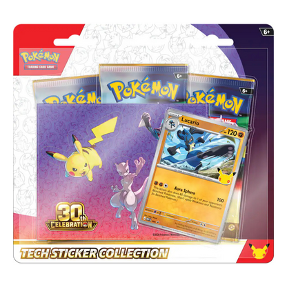 Pokémon Trading Card Game Tech Sticker Collection blister pack containing a purple 30th Celebration sticker pack, two Lucario booster packs, and a Lucario holographic card, in retail packaging.