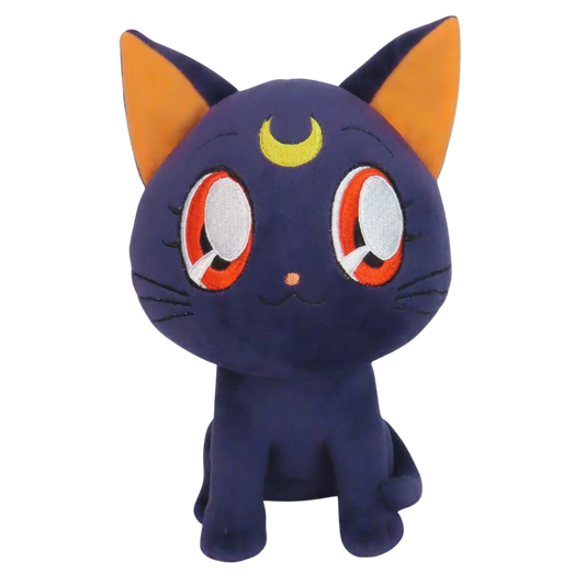 A plush toy of the character Luna Lovegood from Sailor Moon, featuring a dark navy blue body, orange-tinted inner ears, a yellow crescent moon on her forehead, and large white eyes with orange and red accents, set against a plain white background.