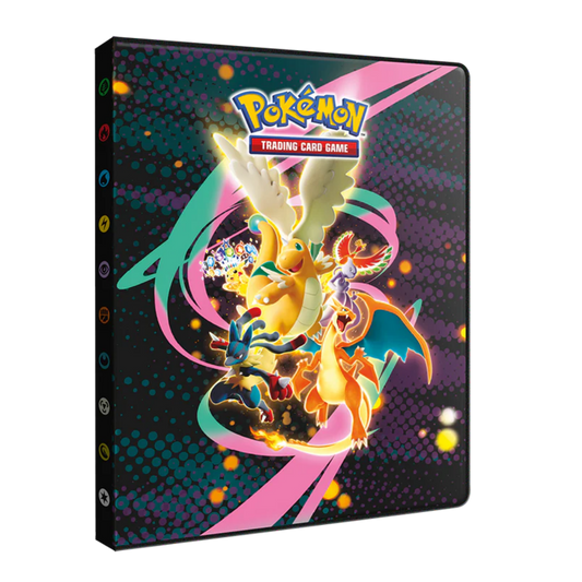 Pokémon Trading Card Game binder with colorful designs on a white background