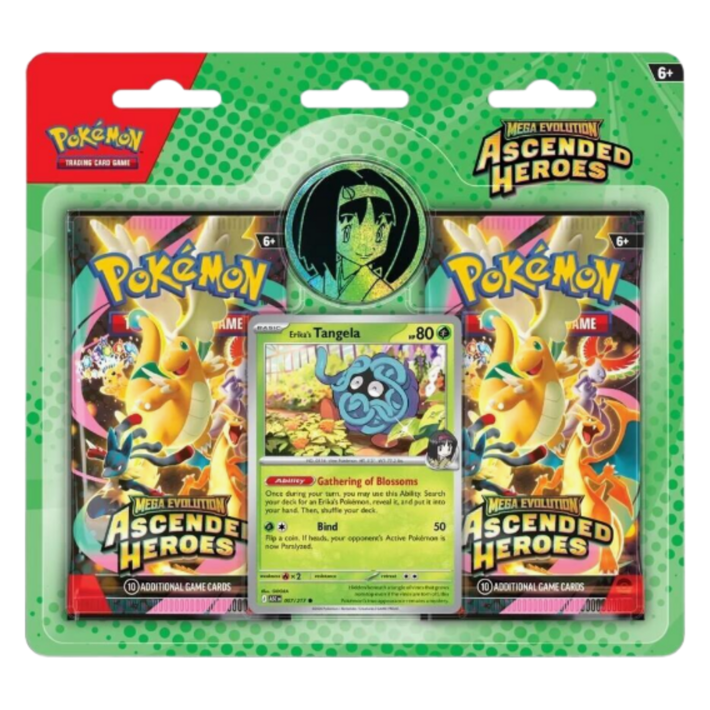 Pokémon trading card game pack with cards and a button featuring a character from the game.