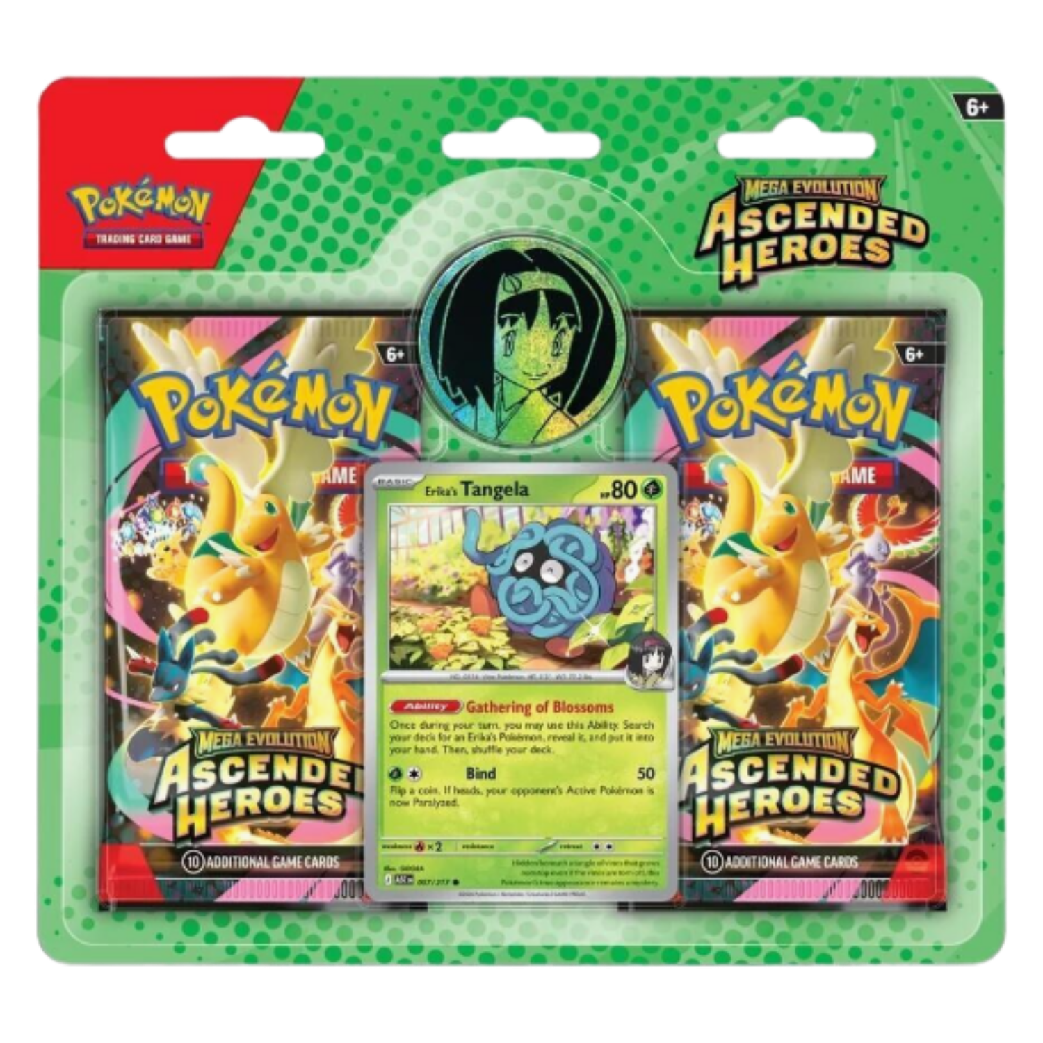 Pokémon trading card game pack with cards and a button featuring a character from the game.