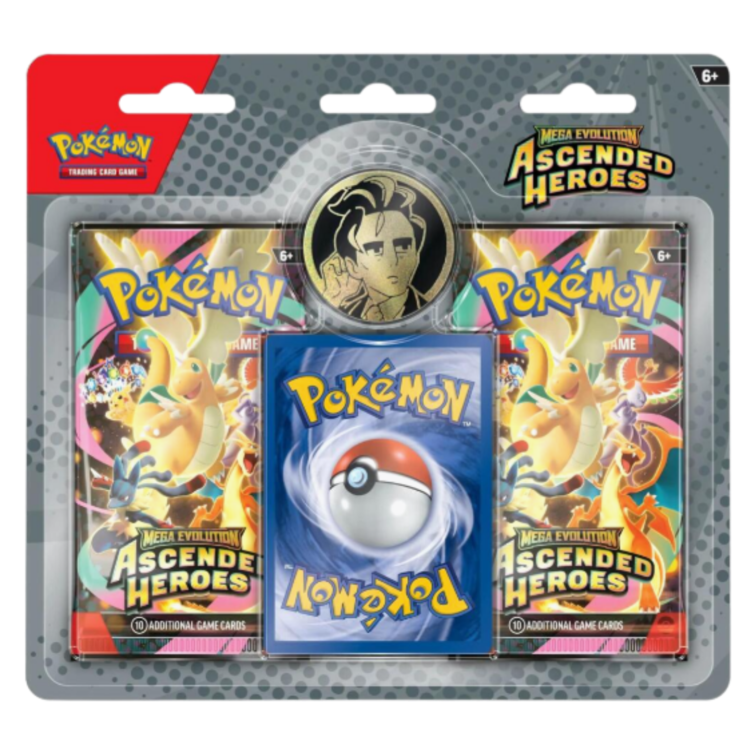 Pokémon trading card game pack with cards and a button in packaging