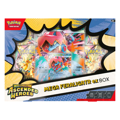 Pokémon trading card game box featuring Mega Feraligatr ex with colorful design elements.