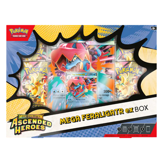 Pokémon trading card game box featuring Mega Feraligatr ex with colorful design elements.